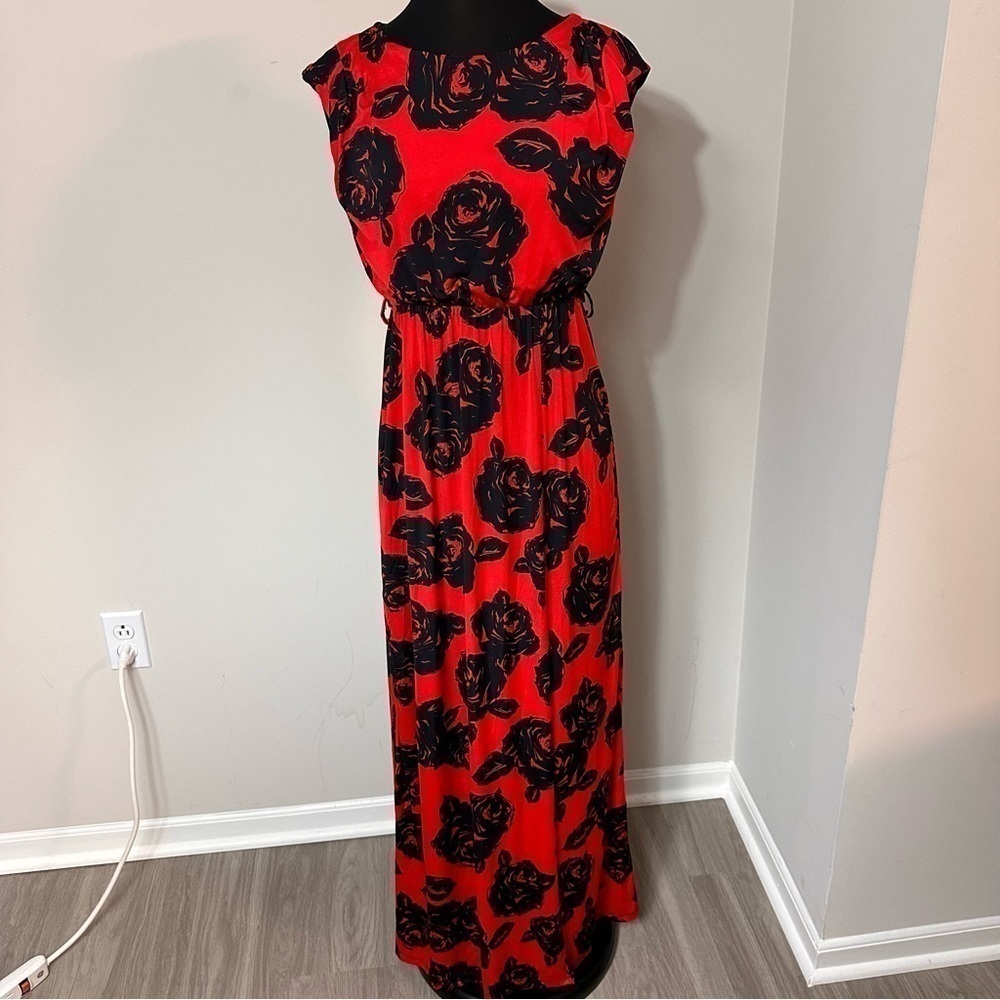 Janette Fashion Red Flower Print Summer Dress in Size Medium